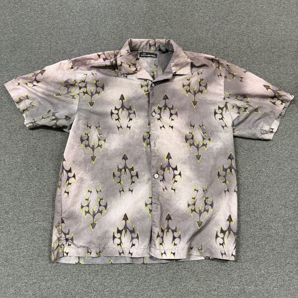 Y2K No Boundaries Button Down Shirt Mens L Gray Good Tribal Graphic Microfiber